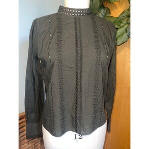 LOFT Womens Olive Green Mock Neck Eyelet Embroidered Long Sleeve Blouse‎ Top M